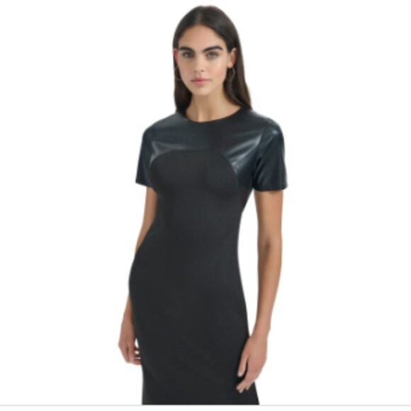 Calvin Klein Women's Faux-Leather-Trim Sheath Dress - Black - Picture 2 of 4
